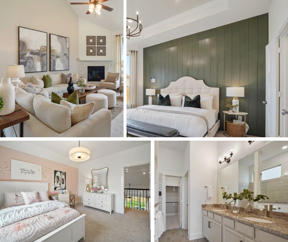 Montage of interior shots from furnished Pulte model home in Wolf Ranch master-planned community