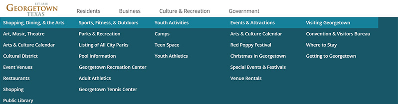 Menu showing different amenities, services, and events in the Georgetown area Menu showing different amenities, services, and events in the Georgetown area