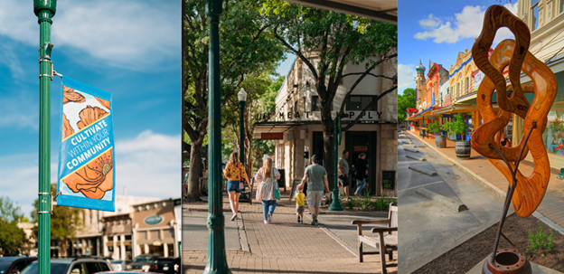 Composite image of downtown Georgetown scenes, featuring community event banner and historical downtown square Composite image of downtown Georgetown scenes, featuring community event banner and historical downtown square