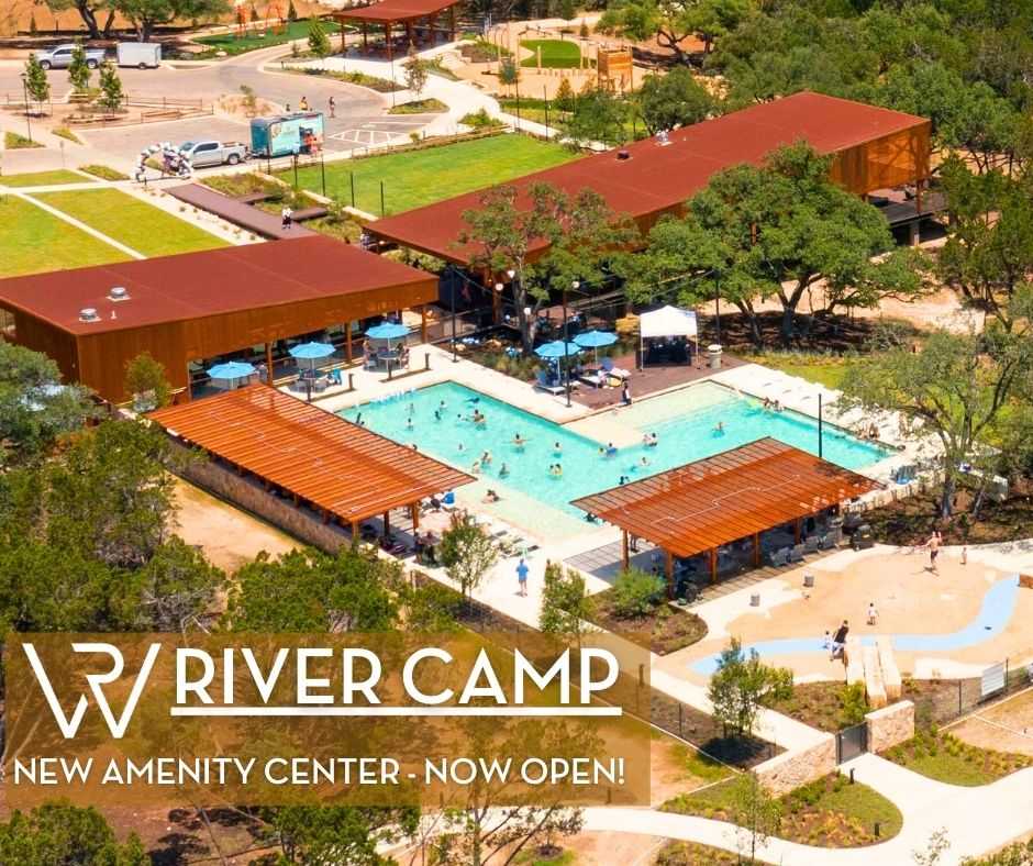 Exterior view of the new River Camp amenity center, with indoor gym and event space visible