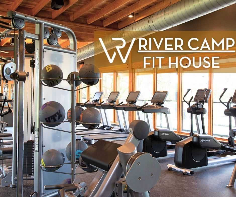 Indoor Fit House amenity at Wolf Ranch River Camp, featuring state of the art exercise machines and free weights