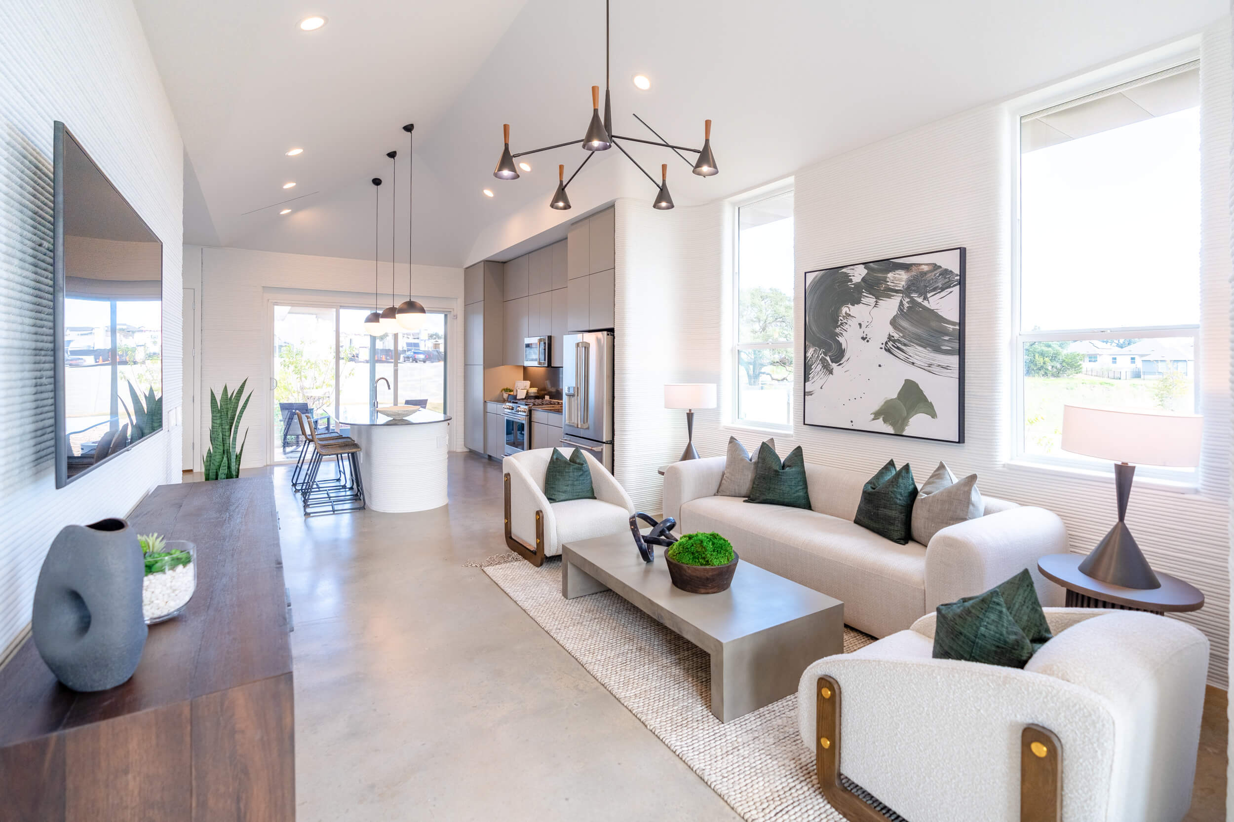 Interior view of Jorn 3-D printed home living room at Wolf Ranch